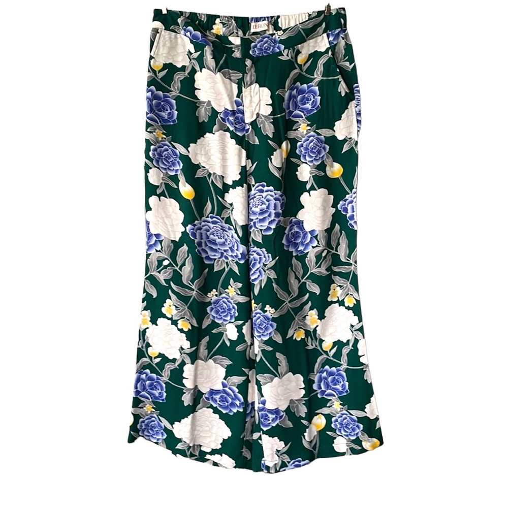 Merona Dark Green Floral Hi Rise Wide Leg Culottes Cropped Trousers Pants Small